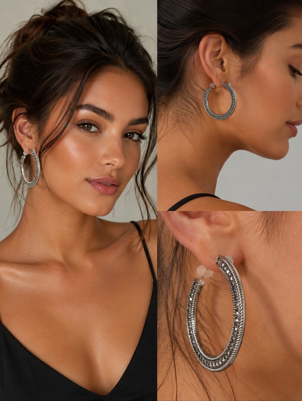 Silver Tone Crystal Pave Hoop Earrings | Statement Hoops | EUC
